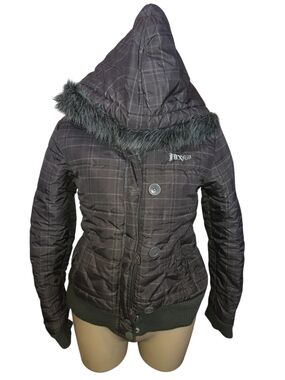 Fox Girls Racing Plaid Cool Gray(hint Of Brown) Puffer Coat Faux Fur Hood Small